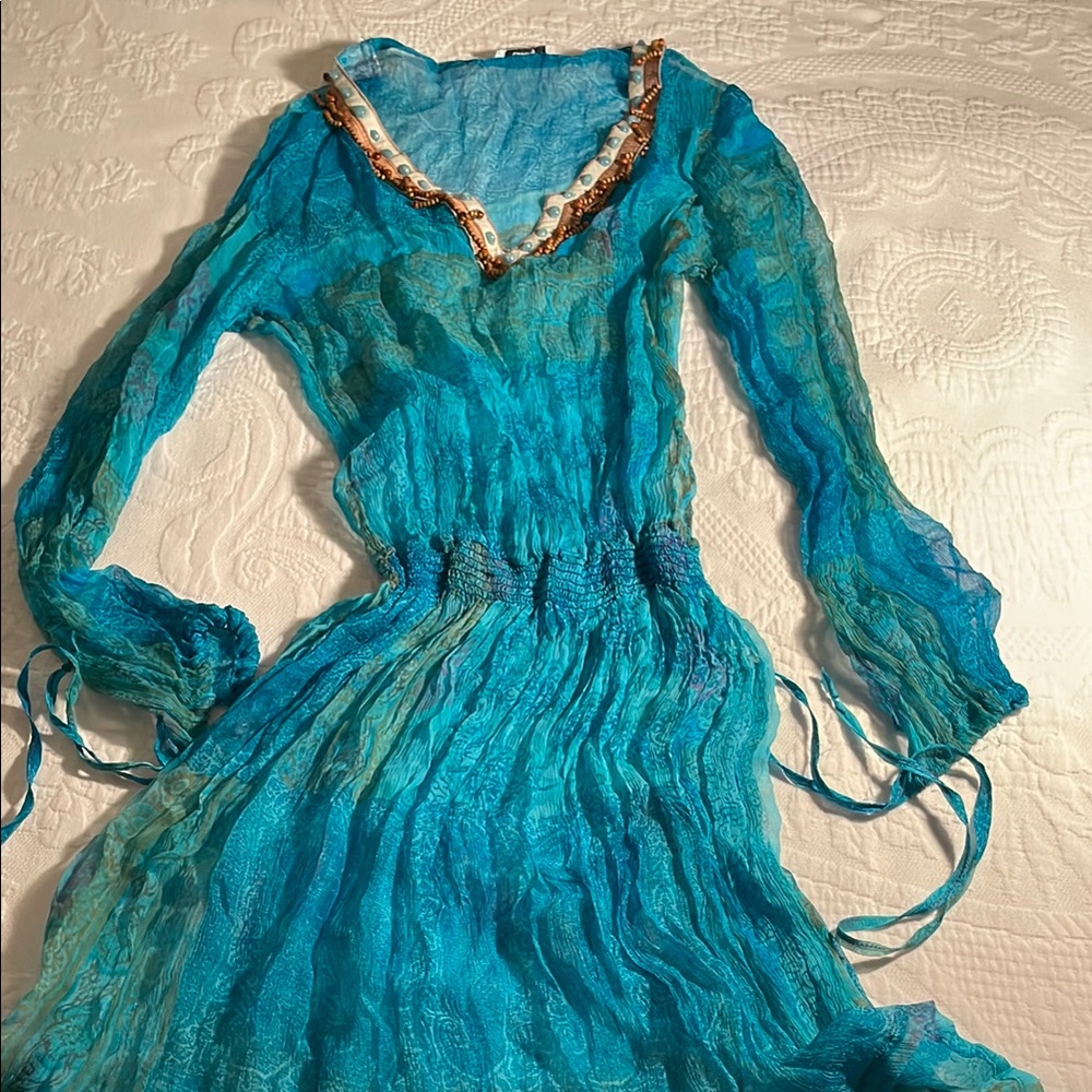 Blue Sheer Long Sleeve Dress. Coverup beach dress.